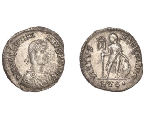 Roman Imperial Coinage, Valentinian II (375-392), Miliarensis, Lugdunum, 388-92, d n valentini-anvs p f avg, pearl-diademed, 