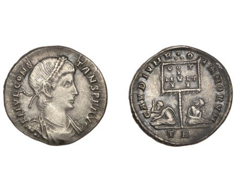 Roman Imperial Coinage, Constans (337-350), Miliarensis, Trier, 342-7, fl ivl cons-tans p f avg, pearl-diademed, draped and c