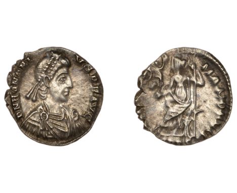 Roman Imperial Coinage, Honorius (393-423), Siliqua, Milan, 395-402, d n honori-vs p f avg, pearl-diademed, draped and cuiras