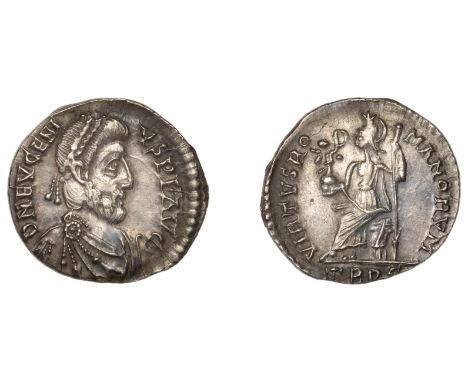 Roman Imperial Coinage, Eugenius (392-394), Siliqua, Trier, d n evgeni-vs p f avg, pearl-diademed, draped and cuirassed bust 