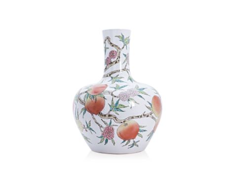 A CHINESE PORCELAIN PEACH VASE
Overglaze enamel painted nine peaches on tree, late 20th Century
52cm height
Condition: Condit