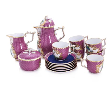 A HEREND PORCELAIN COFFEE SERVICE FOR SIX, BY GYULA TOTH
Brightly coloured birds in garden setting, gilt floral border, viole