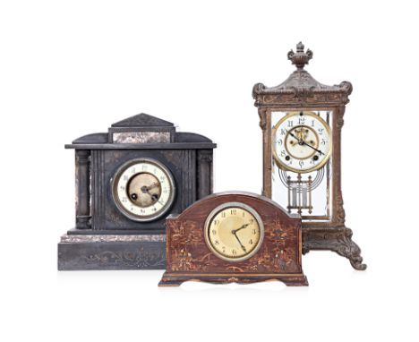 A GROUP OF THREE MANTEL CLOCKS
One French, Late 19th Century, movement by S. Marti, slate and marble case, no key or pendulum