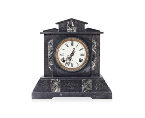 AN ANSONIA BLACK SLATE AND MARBLE MANTEL CLOCK
Crica 1900, of architectural form, the enamel dial with Roman numerals, the tw