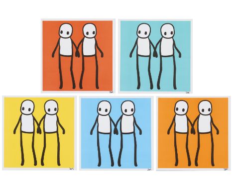 Stik, British b. 1979-Holding Hands (Red, Orange, Yellow, Blue and Teal), 2020;each offset lithograph on wove, each signed in