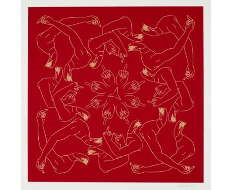 Ai Weiwei,&nbsp;Chinese b.1957-&nbsp;Middle Finger in Red, 2023;&nbsp;handmade 2-colour silkscreen print on Somerset Tub Size