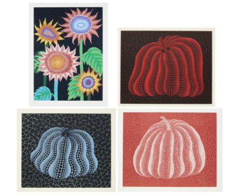 Yayoi Kusama, Japanese b. 1929-Blue Pumpkin; Red and White Pumpkin; Red and Black Pumpkin; Flowers, 2011;four lithographs in 