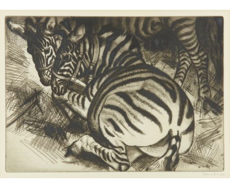 Dame Laura Knight DBE RA RWS, British 1877-1970,Zebras, 1930;&nbsp;drypoint etching on wove,&nbsp;signed in pencil,&nbsp;plat