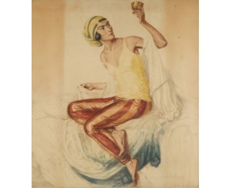 Ivo Saliger,&nbsp;German 1894-1987,&nbsp;A woman admiring a Wiener Werkst&auml;tte goblet, c.1925;&nbsp;etching in colours on