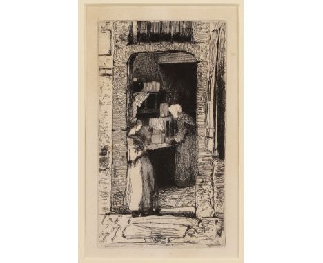 James Abbott McNeill Whistler RBA,  American 1834-1903,The Mustard Merchant, 1858;etching on laid paper,  image: 15.5 x 8.8 c