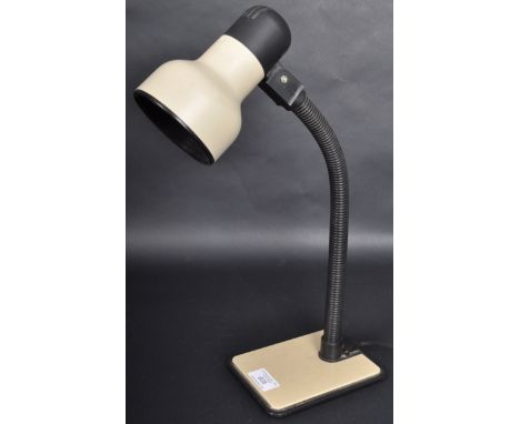 A retro 1980's gooseneck anglepoise desk lamp light having a three quarter cream shade with black rim and cooling slits to th