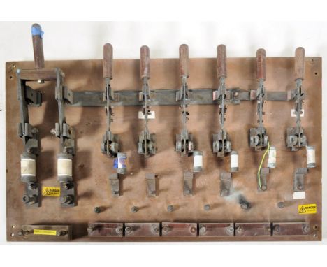 A vintage 20th Century fairground / funfair Frankenstein horror house generator control panel prop having a series of electri
