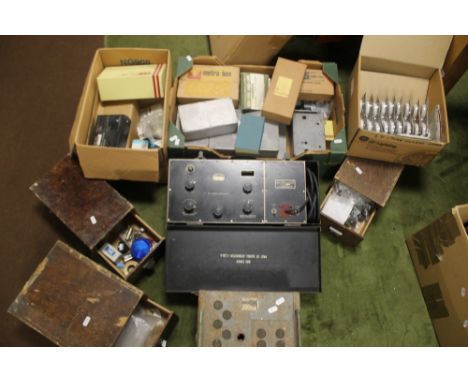 A LARGE BOX OF VINTAGE RADIO SPARES to include many RS items, RS adjustable power supplies, instrument cases, and a quantity 