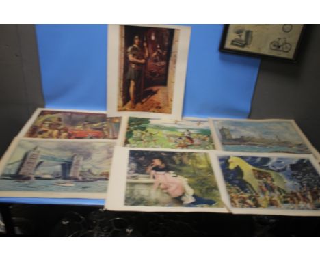ELEVEN VINTAGE SCHOOL POSTERS to include 'Robinson Crusoe At Home', 'Queen Elizabeth Hawking', 'The Tower Bridge, London', 'T