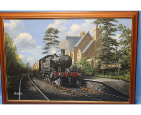 BARRY G. PRICE - AN OIL ON CANVAS, steam engine 4409 at Much Wenlock station in 1949, signed bottom left, dated on back 2002,