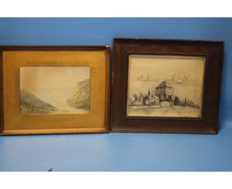 H. PROUD - A WATERCOLOUR SEASCAPE, signed lower left, along with an ink drawing of a building signed "Gallikez" (?)  (2)