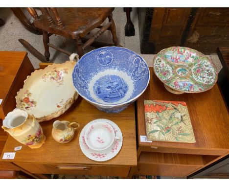 A Lot of porcelain collectables to include hand painted tile, Royal Worcester jug, Famille Rose tazza bowl and Sutherland cup