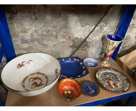 A Shelf of collectable porcelain to include Carlton ware dragon design bowl, Rare carlton ware pin dish, Royal Doulton Queen 