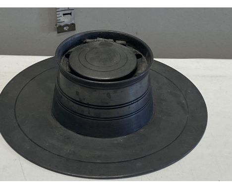 A pewter inkwell with ceramic liner hing needs attention 