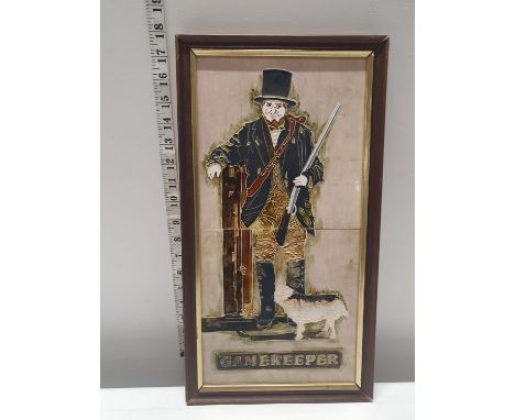 A framed ceramic tile painting entitled Gamekeeper, shipping unavailable 