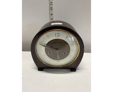 A wooden cased Smiths mantle clock with key and pendulum, shipping unavailable 