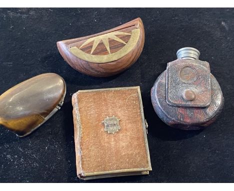 Four assorted antique collectables including snuff box that needs attention 