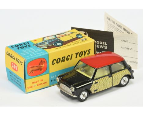 Corgi Toys 249 Morris Mini Cooper "Wickerwork" - Black body, red roof, lemon interior, silver trim and spun hubs - Near Mint 