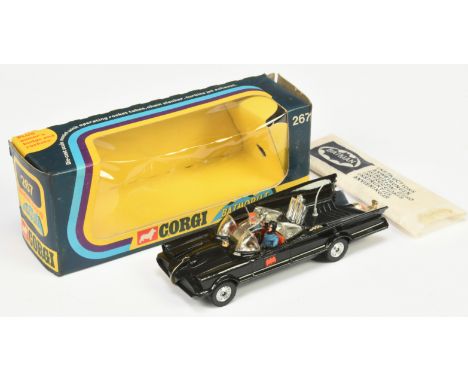 Corgi Toys 267 "Batman" Batmobile - Black body, Gold tow hook, aerial, chrome wheels, HARDER TO FIND CLEAR WINDOWS, with "Bat