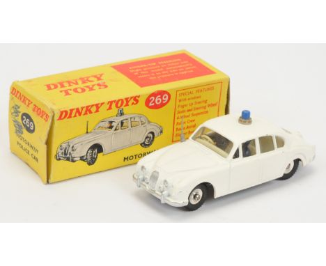 Dinky Toys 269 Jaguar 3.4 Litre "Police" Motorway Patrol Car - White body, ivory interior with figures, silver trim, blue roo