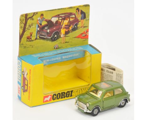 Corgi Toys 334 BMC Mini Cooper S "Magnifique" - Green body with yellow and red striped sliding sunroof panel, cream interior,
