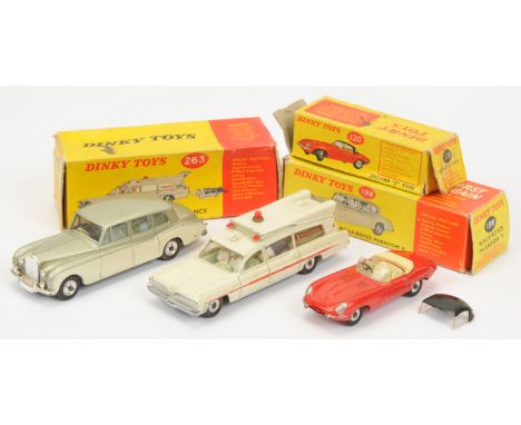 Dinky Toys Group Of 3 To Include - (1) 120 Jaguar Type E - red body, black detachable hood and cream tonneau, spun hubs, (2) 