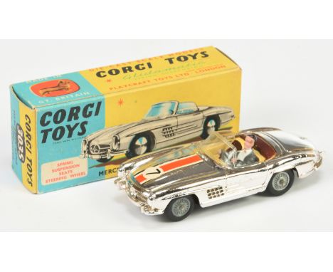 Corgi Toys 303S Mercedes 300SL "Competition Model" - Chrome plated body with red, white and black racing No.7 stripe, cream a