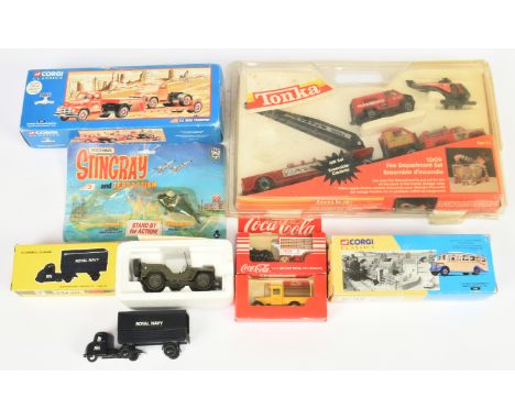 A mixed Group To Include - Tonka Toys Fire Rescue Set, Budgie Toys "Royal Navy" Scammell Scarab, Matchbox "Stingray" (missing
