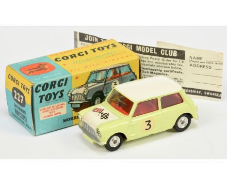 Corgi Toys 227 Morris Mini Cooper "Completion Model" - Primrose yellow, white roof and bonnet, red interior, spun hubs, racin