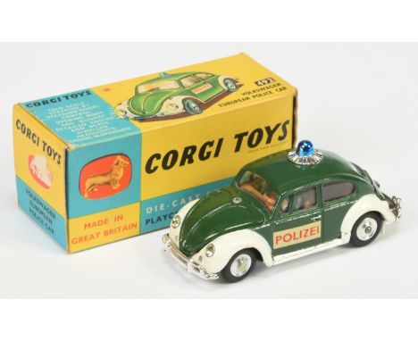Corgi Toys 492 Volkswagen European "Police" Car - Green and white, brown interior with figures, chrome trim,spun hubs, blue r