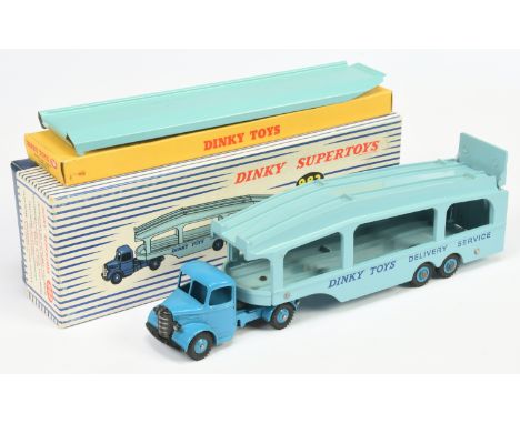 Dinky Toys 982 Bedford Pullmore Car Transporter - Mid blue cab, rigid and supertoy hubs, light blue trailer and platforms, tw