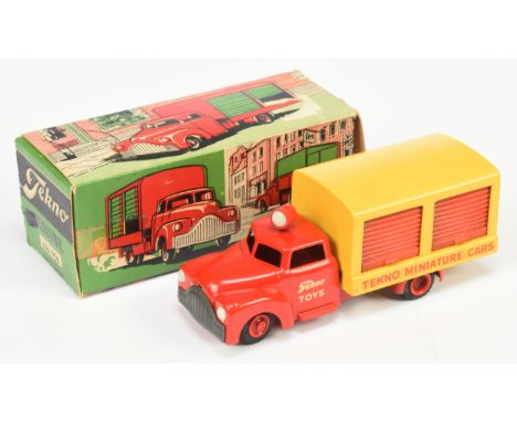 Tekno 958 Box Truck - Red cab, chassis and hubs, yellow back with red plastic opening side doors and with roof light - Good P