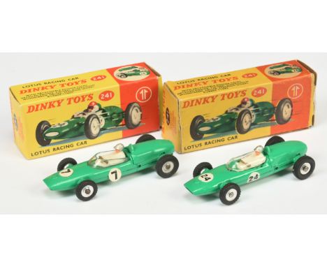 Dinky Toys 241 Lotus Racing Cars - A Pair - (1) Green including plastic engine cover, spun figure racing No.7 and (2) Same bu