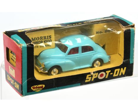 Triang Spot On 289 Morris Minor 1000 - Light blue body, red interior, chrome trim and cast spun hubs - Near Mint in a Fair to
