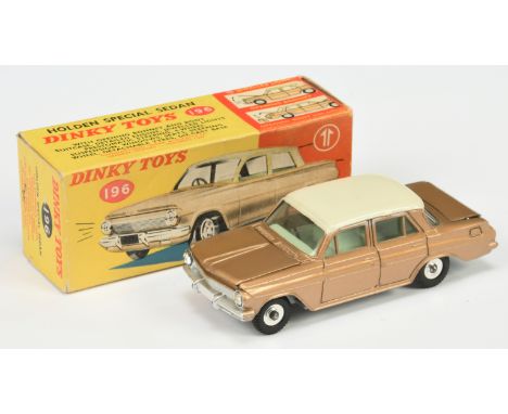 Dinky Toys 196 Holden Special Sedan - Metallic light brown, off white roof, pale green interior, silver trim, spun hubs and w