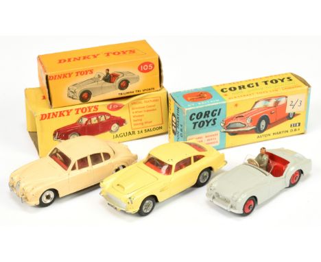 Dinky Toys&nbsp; A Pair - (1) 105 Triumph TR2 sports Car - Grey, red interior and rigid hubs, figure driver, (2) 195 Jaguar 3