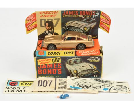 Corgi Toys 261 "James Bond" Aston Martin DB5 - Gold body, red interior with "James Bond &amp; Bandit" Figures, wire wheels Go