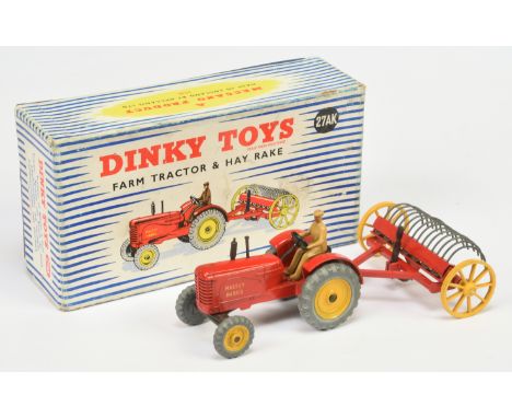 Dinky Toys 27AK Farm Tractor Set To Include - (1) Massey Harris Tractor - red, yellow metal wheels, light tan figure driver a