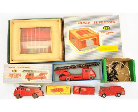 Dinky Toys Group Of Fire Related To Include - (1) 954 Fire station (not checked for correctness), (2) 956 Turntable Fire Engi