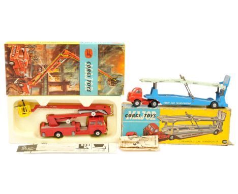Corgi Toys A Pair - (1) 1101 Bedford Type S Carrimore Car Transporter - Red cab with silver trim, flat spun hubs and trailer 