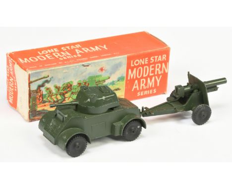 Lone Star Military Armoured Car With Field Gun - Green with black solid wheels - Good Plus in a Good (slightly grubby) red an