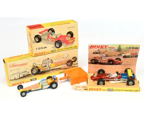 Dinky Toys a pair - (1) 225 Lotus F1 Racing Car - Metallic red body, blue engine, yellow spoiler, cast hubs, figure driver an