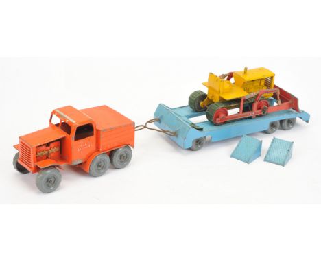 Matchbox Lesney Early large Scale Prime Mover - Orange, one green engine cover - Trailer - Mid-blue with detachable ramps and