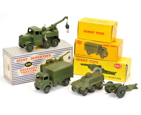 Dinky Military Group Of 4 To Include - (1) 623 Covered Wagon, (2) 661 Scammell Recovery Tractor, (3) 676 Armoured Personnel C