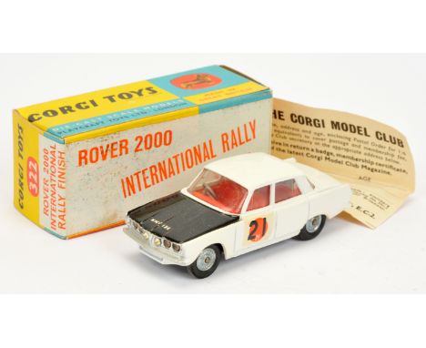 Corgi Toys 322 Rover 2000 "International Rally Finish" - White body, black bonnet, red interior, chrome trim, cast hubs and r